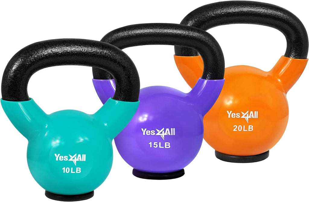 Yes4All Kettlebells: Rubber Base/Vinyl Coated Cast Iron - Ideal Exercise Fitness Weights for Home Gym Strength Training