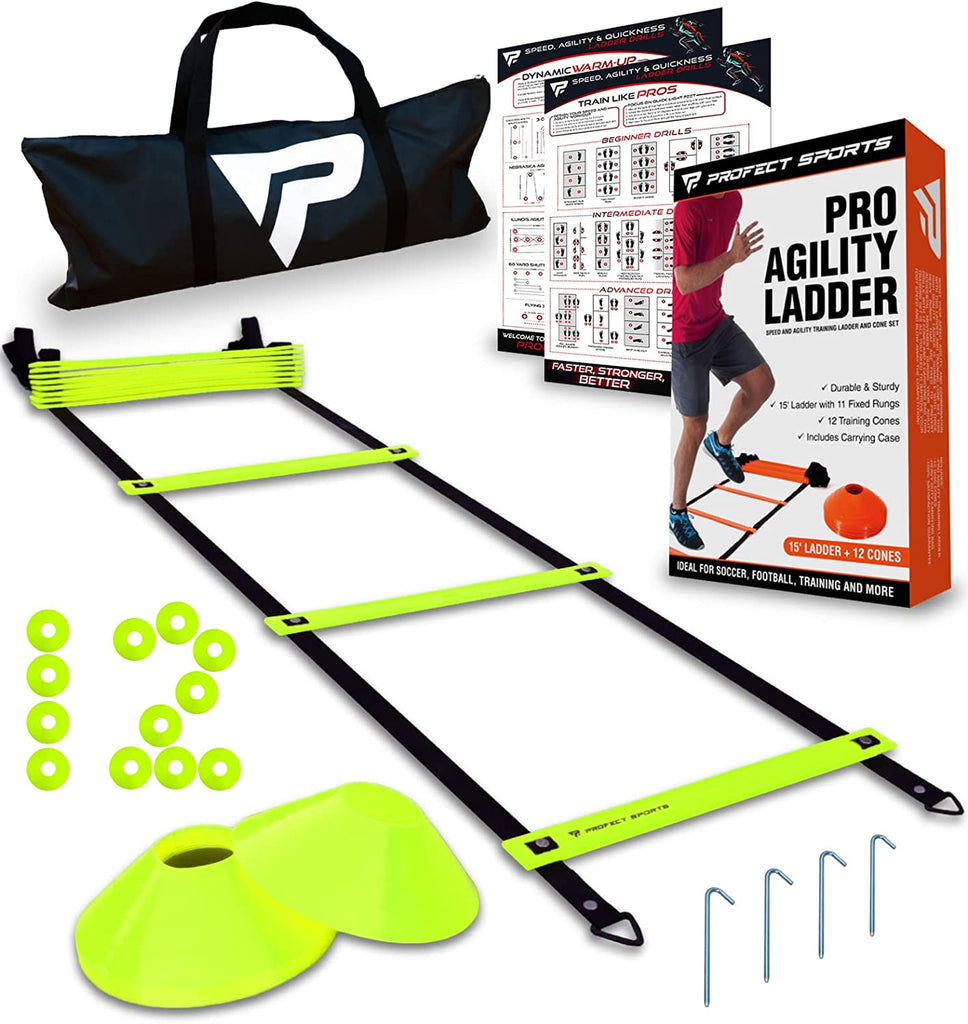 Pro Agility Ladder & Cones Set: Enhance Speed and Agility Training with 15 Ft Fixed-Rung Ladder, 12 Cones for Soccer, Football, Sports, Exercise, Footwork Drills - Heavy Duty Carry Bag Included