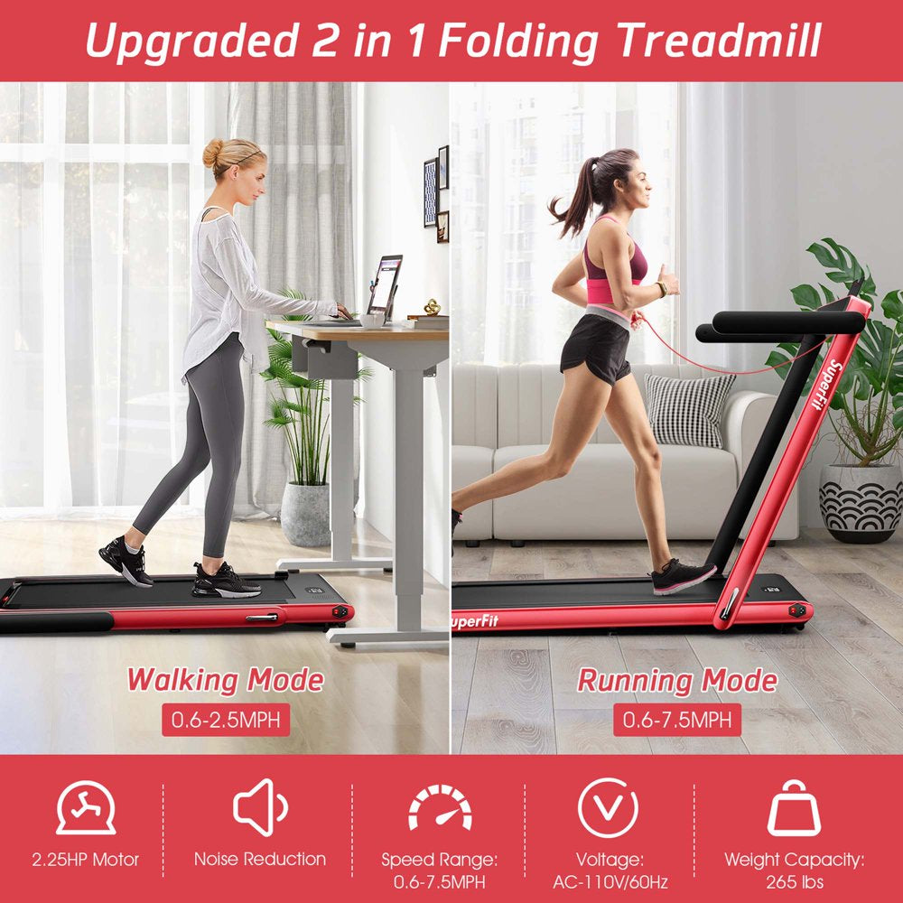 Superfit 2-in-1 Dual Display Folding Treadmill: Up to 7.5 MPH, 2.25HP Motor, Jogging Machine with APP Control - Red