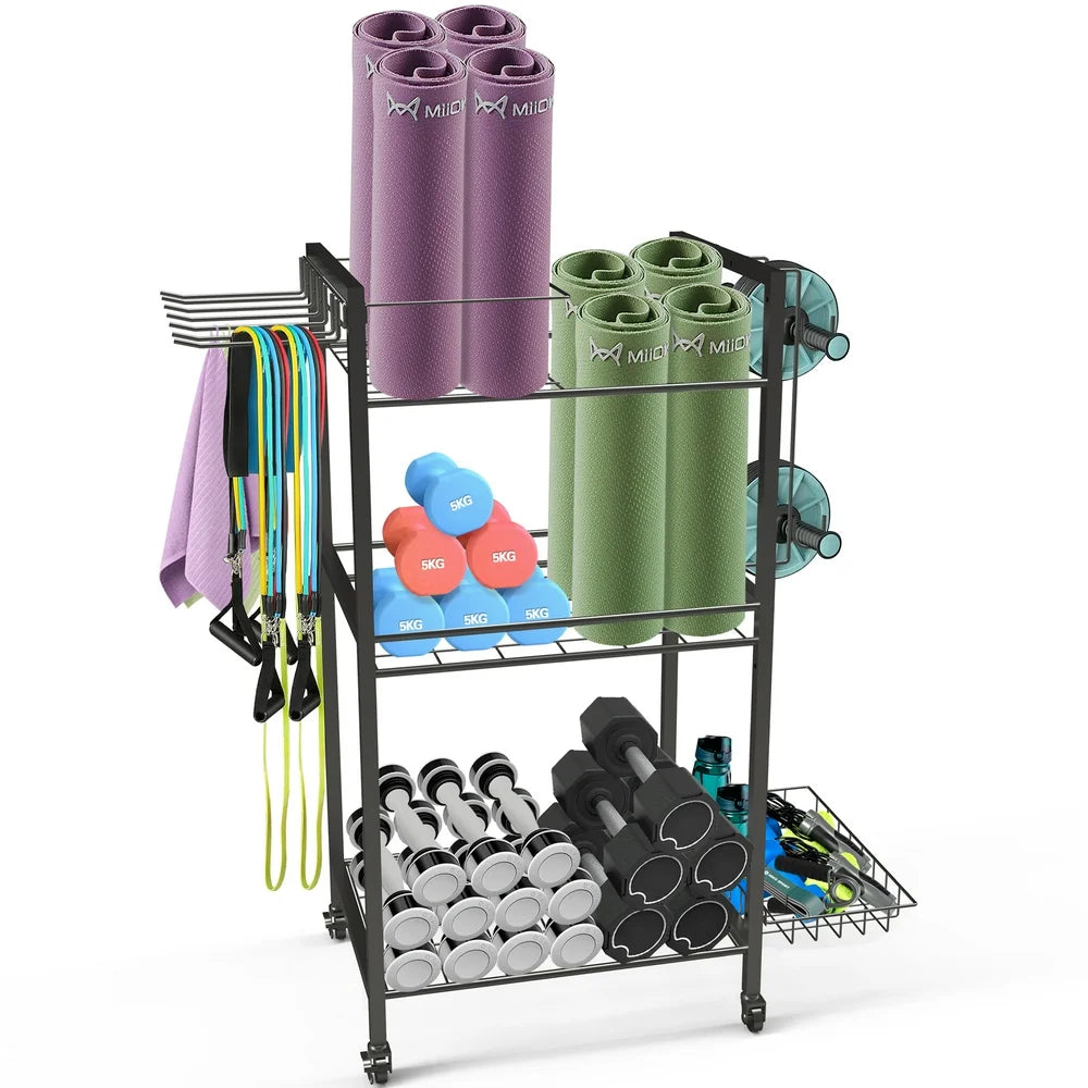 Organize Your Workout Room: Gym Equipment Storage Cart with Hooks and Wheels for Yoga Mats and More