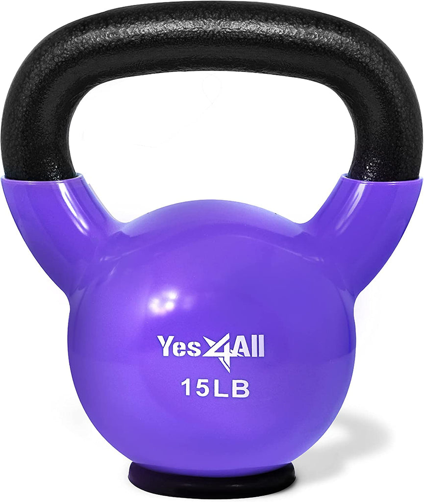 Yes4All Kettlebells: Rubber Base/Vinyl Coated Cast Iron - Ideal Exercise Fitness Weights for Home Gym Strength Training