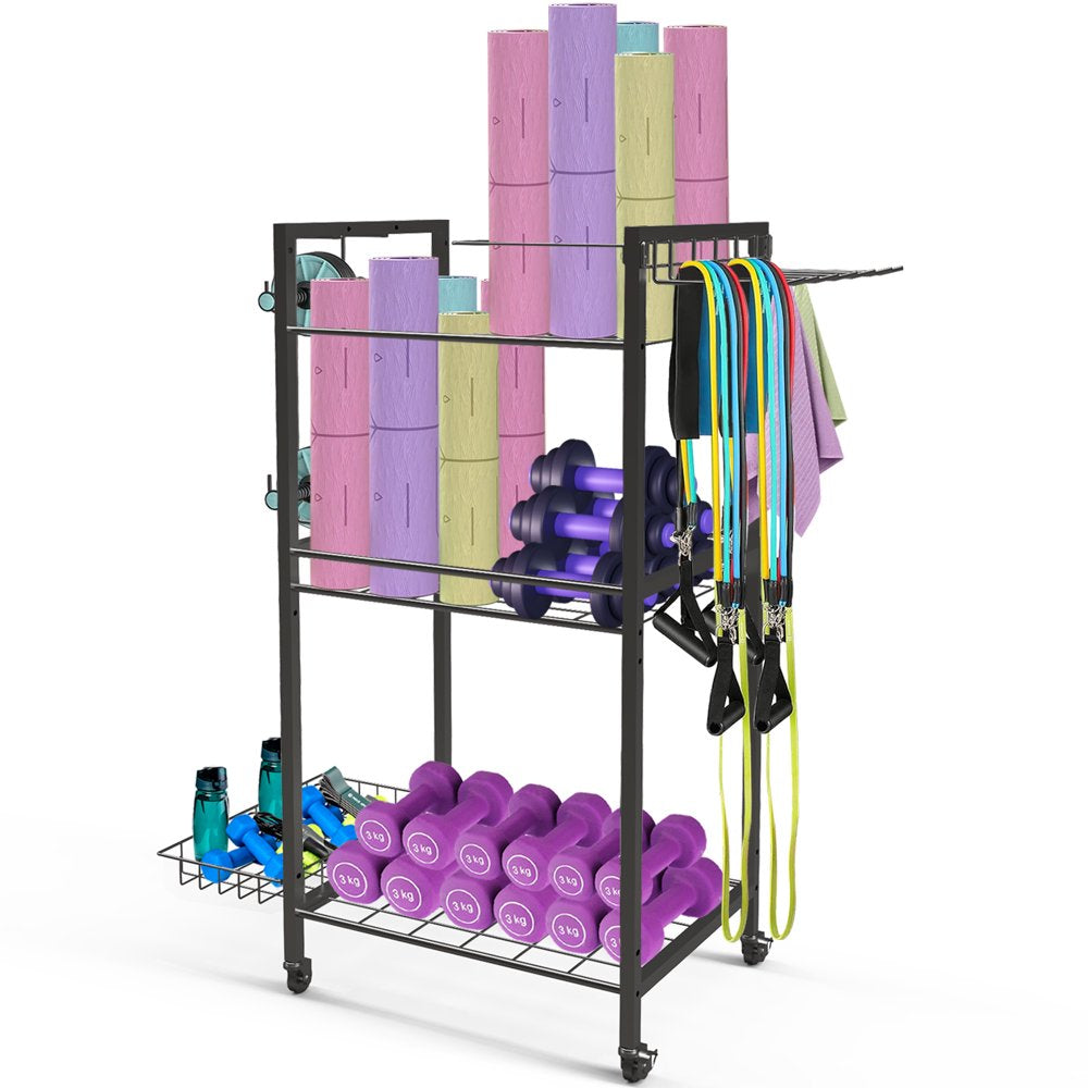 Organize Your Workout Room: Gym Equipment Storage Cart with Hooks and Wheels for Yoga Mats and More