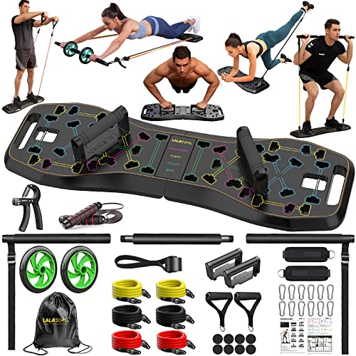 LALAHIGH Portable Home Gym System: Large Compact Push Up Board, Pilates Bar & 20 Fitness Accessories with Resistance Bands & Ab Roller Wheel - Full Body Workout for Men and Women, Gift for Boyfriend (Black)-Fitness Going | The Tools To Enhance Your Lifestyle | Veteran Owned
