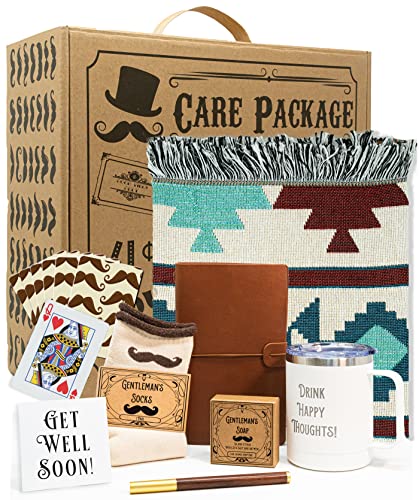 Get Well Soon Gifts For Men | Care Package For Men | After Surgery, Recovery, Feel Better Gifts | Includes Soft Blanket, Insulated Mug, Journal, Pen, Soap, and Cozy Socks | Packaged I Vintage Gift Box-Fitness Going | The Tools To Enhance Your Lifestyle | Veteran Owned