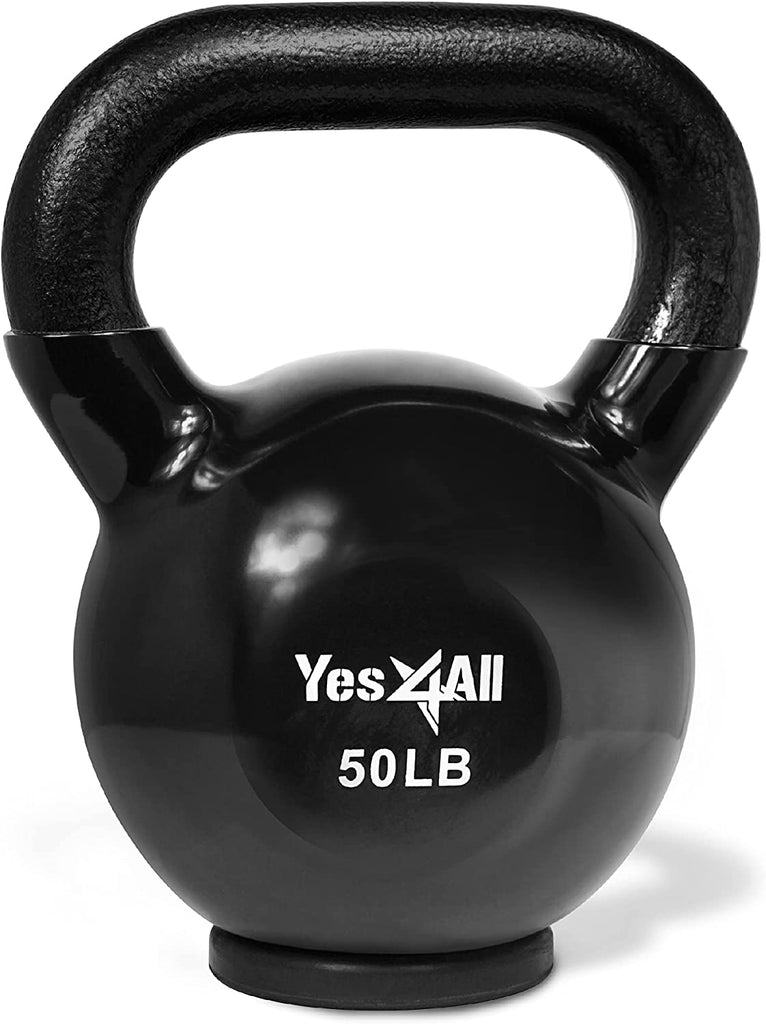 Yes4All Kettlebells: Rubber Base/Vinyl Coated Cast Iron - Ideal Exercise Fitness Weights for Home Gym Strength Training