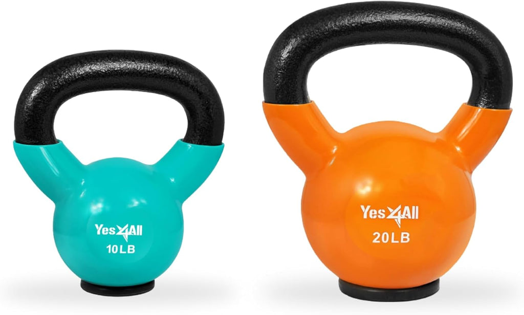 Yes4All Kettlebells: Rubber Base/Vinyl Coated Cast Iron - Ideal Exercise Fitness Weights for Home Gym Strength Training