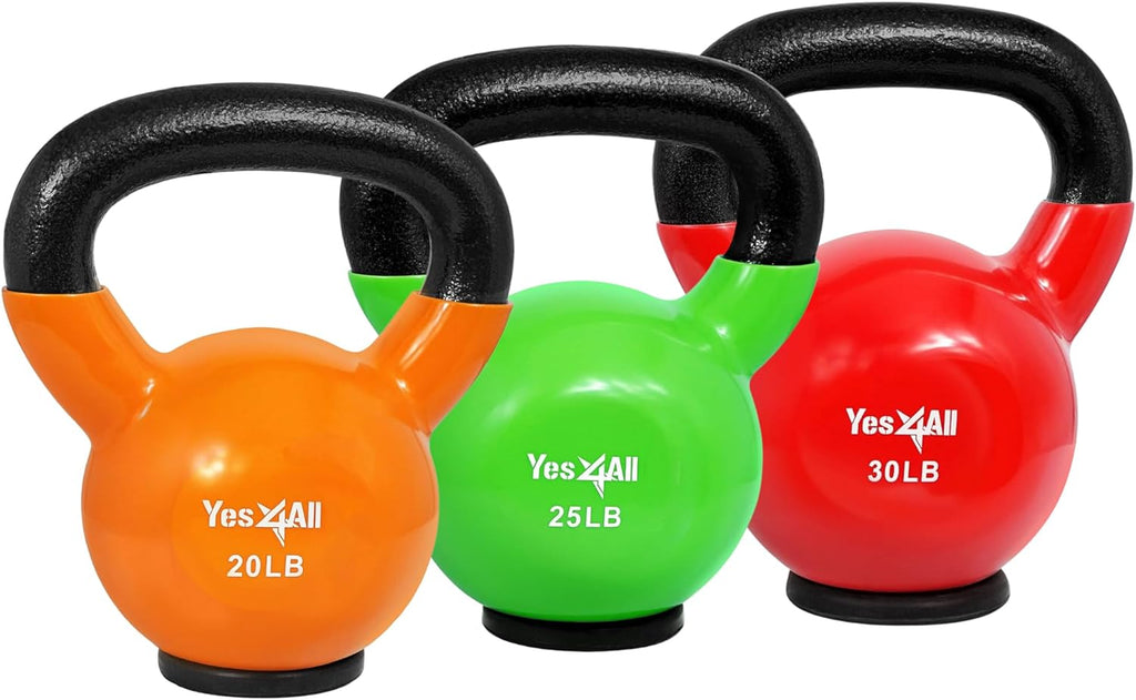 Yes4All Kettlebells: Rubber Base/Vinyl Coated Cast Iron - Ideal Exercise Fitness Weights for Home Gym Strength Training