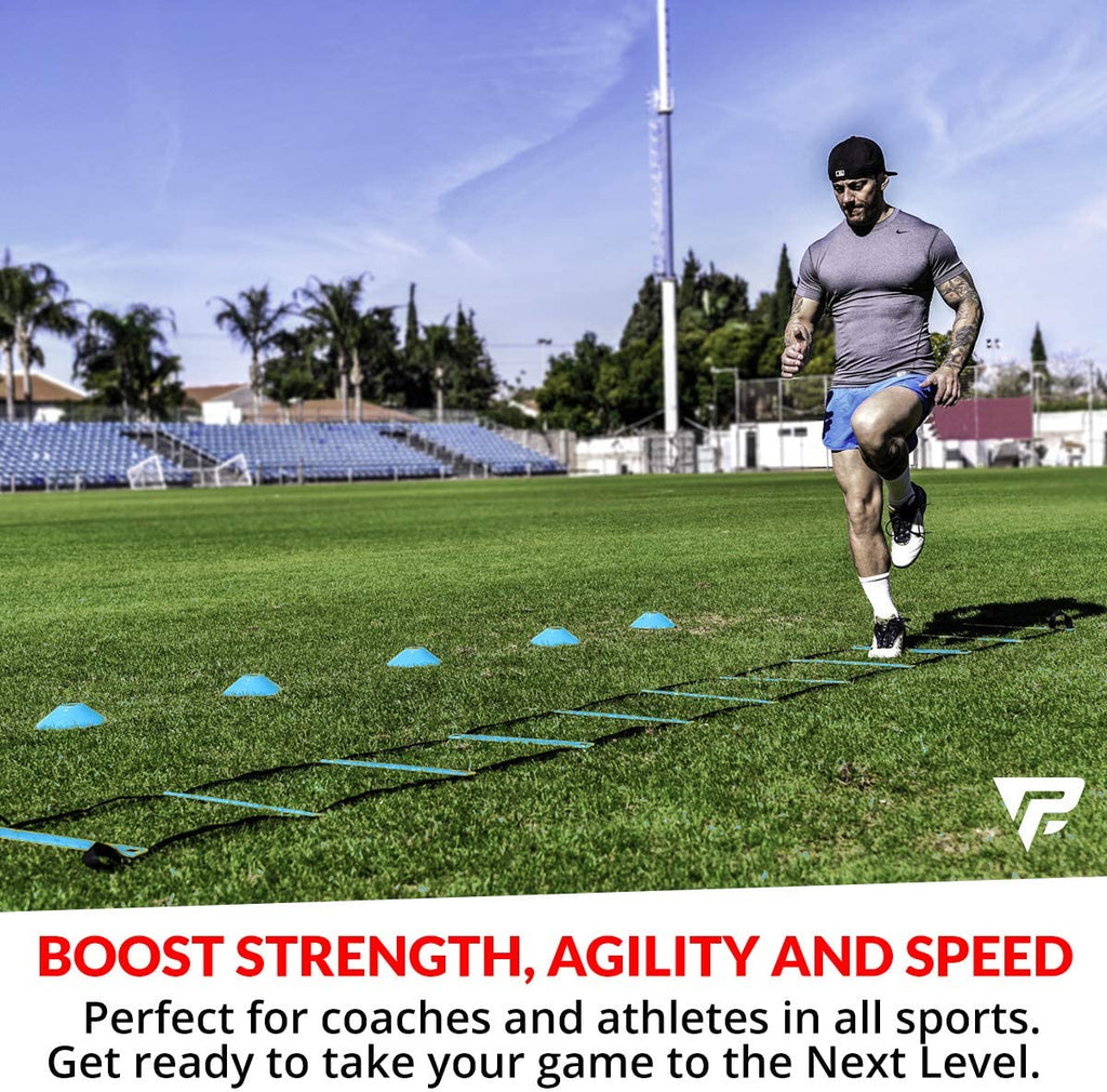 Pro Agility Ladder & Cones Set: Enhance Speed and Agility Training with 15 Ft Fixed-Rung Ladder, 12 Cones for Soccer, Football, Sports, Exercise, Footwork Drills - Heavy Duty Carry Bag Included