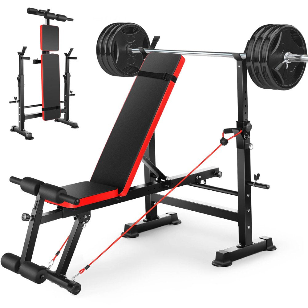 Adjustable Weight Bench Set 6 in 1 Bench Press Workout Bench with Barbell Rack Removable Foot Bracket, Pairs of Resistance Bands for Home Gym Training