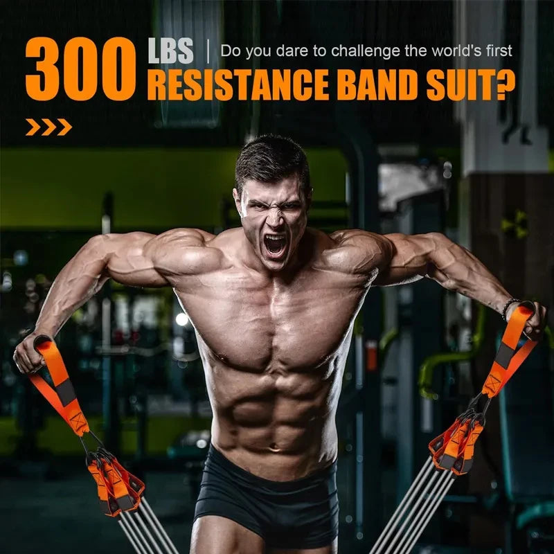 These are an 11-piece elastic latex fitness resistance bands set with a bag that provides 300lbs of resistance. 