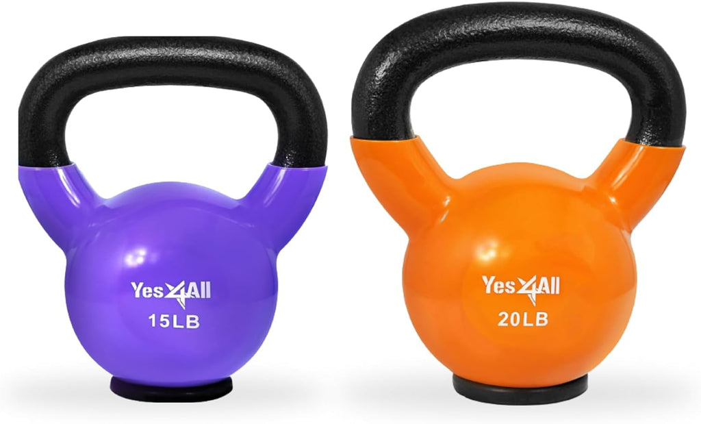 Yes4All Kettlebells: Rubber Base/Vinyl Coated Cast Iron - Ideal Exercise Fitness Weights for Home Gym Strength Training