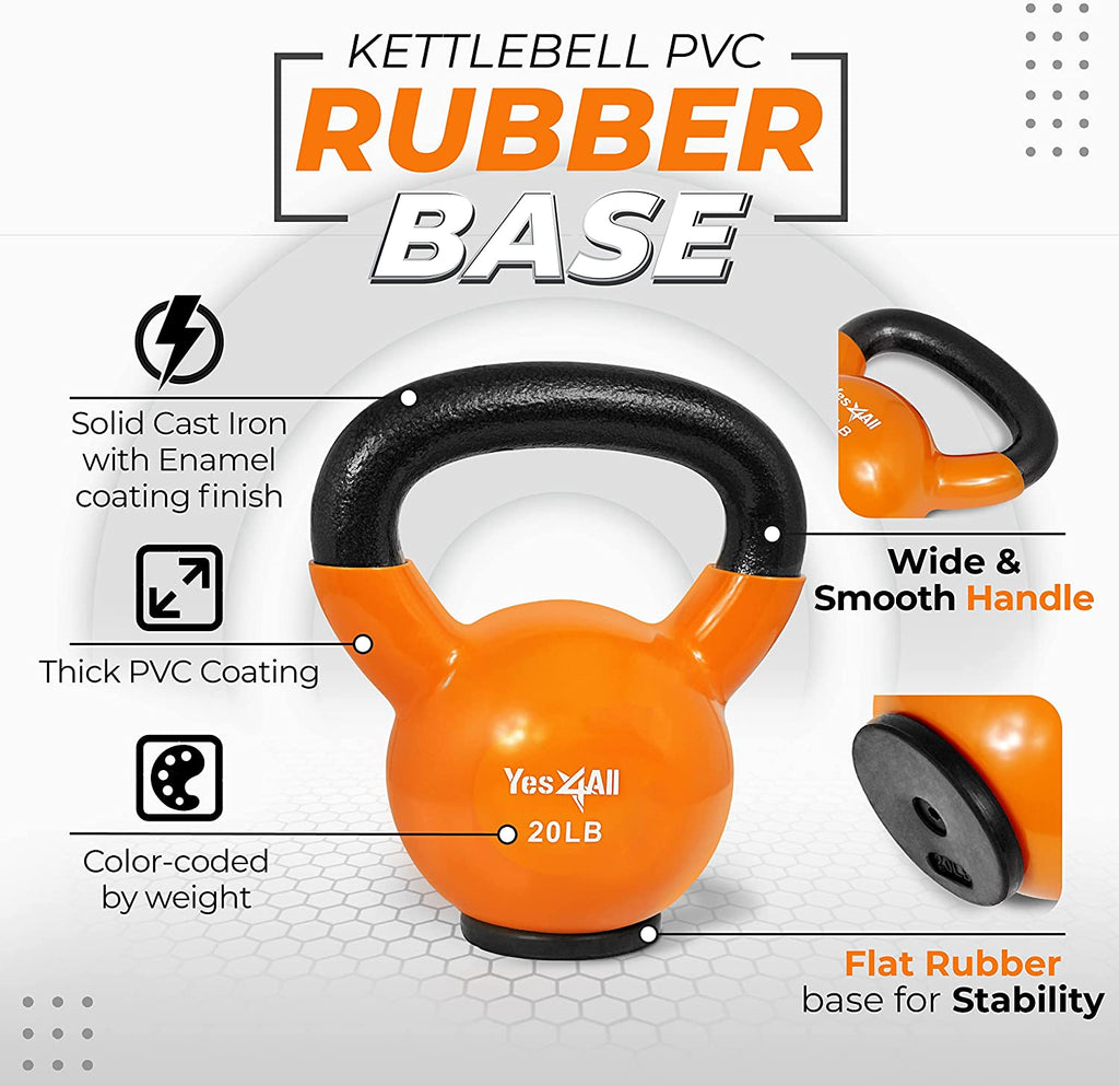 Yes4All Kettlebells: Rubber Base/Vinyl Coated Cast Iron - Ideal Exercise Fitness Weights for Home Gym Strength Training