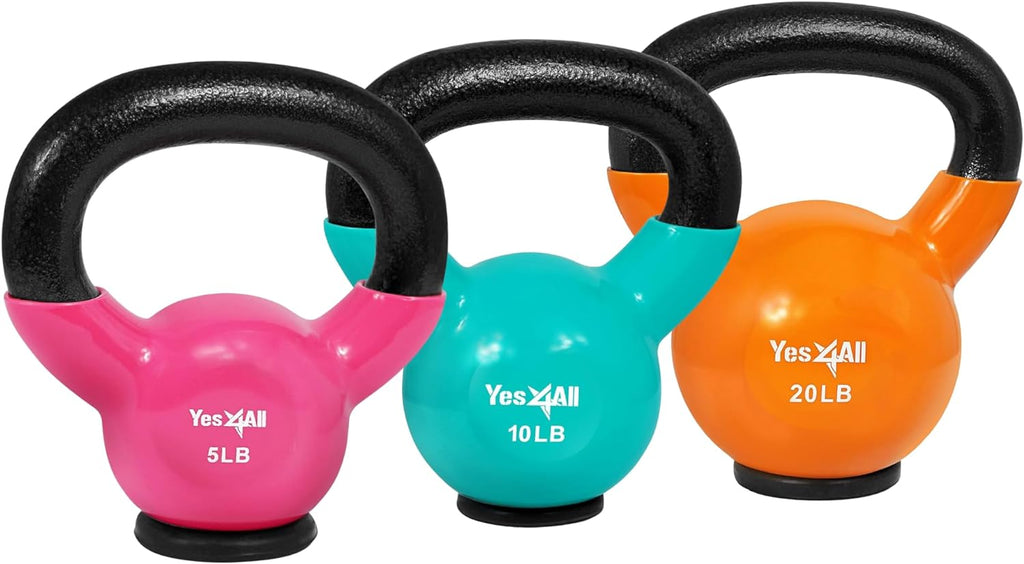 Yes4All Kettlebells: Rubber Base/Vinyl Coated Cast Iron - Ideal Exercise Fitness Weights for Home Gym Strength Training