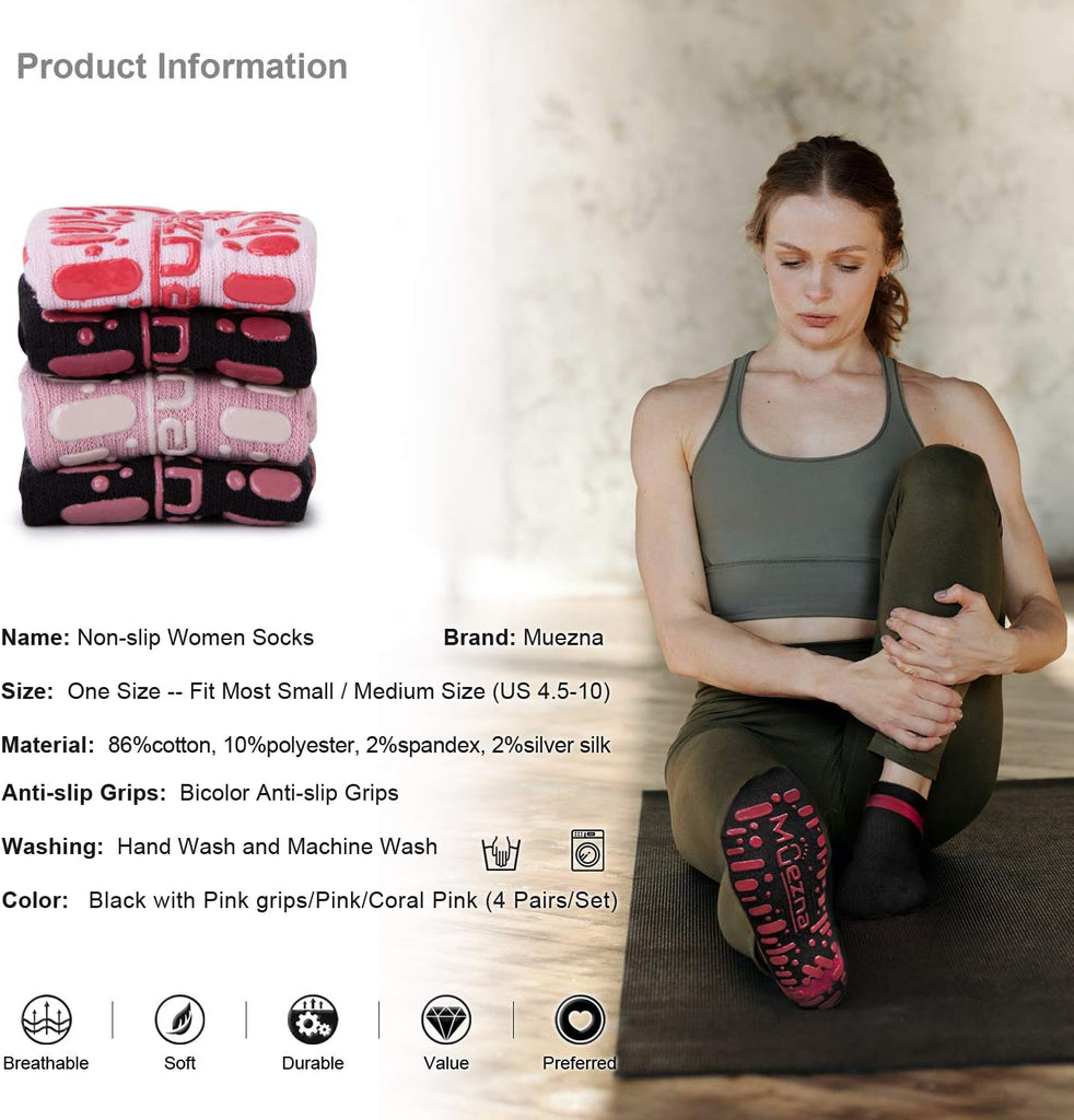 Muezna Non Slip Yoga Socks for Women: Anti-Skid Pilates, Barre, Hospital Socks with Grips - Size 5-10" 🧘‍♀️🧦