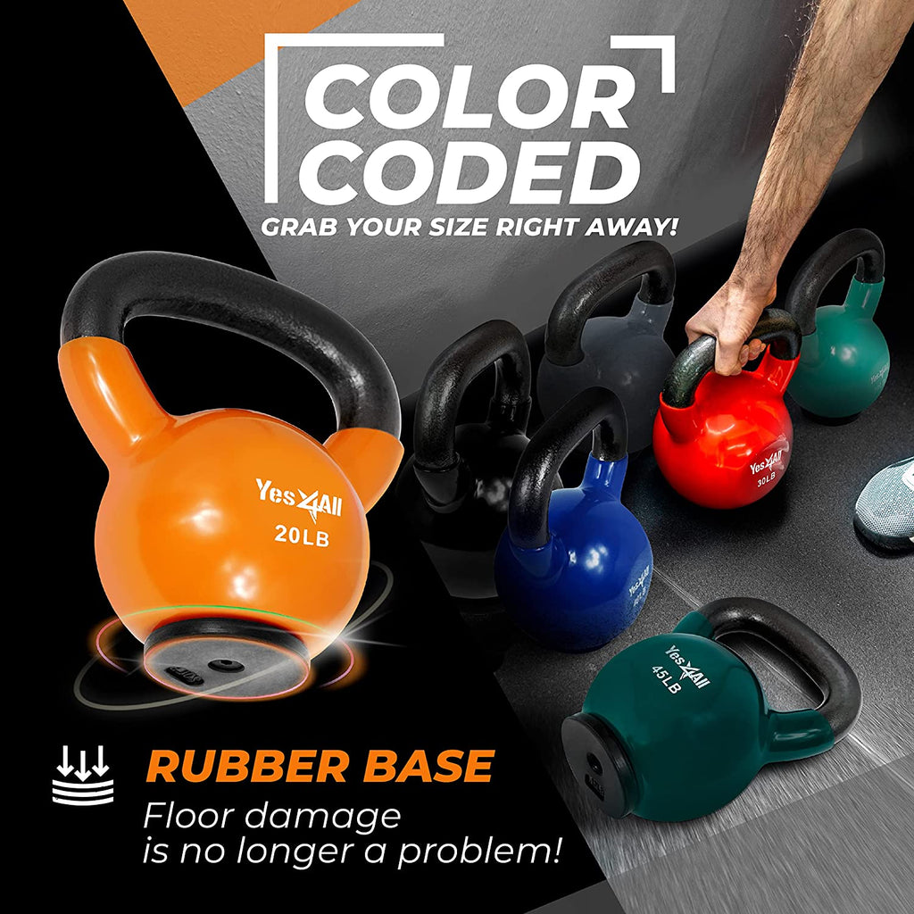 Yes4All Kettlebells: Rubber Base/Vinyl Coated Cast Iron - Ideal Exercise Fitness Weights for Home Gym Strength Training